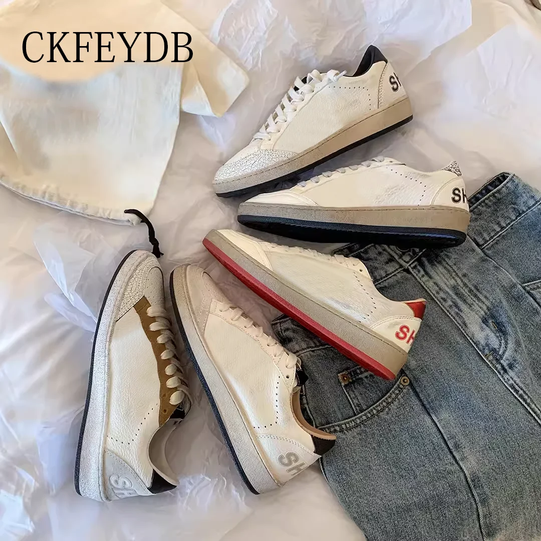 CKFEYDB Designer shoes genuine leather color matching retro vintage star shoes casual board shoes women’s dirty shoes