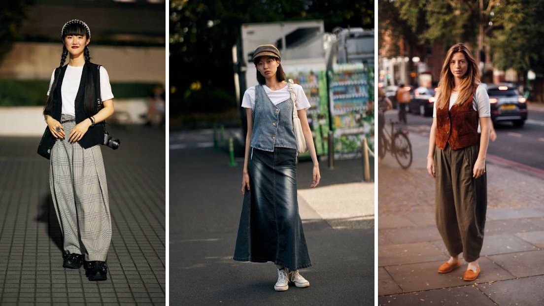 Ideas de looks relajados para la oficina con camisetas blancas y chalecos para otoño 2024