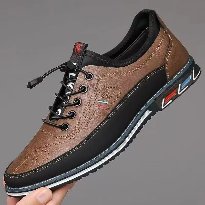 Spring Luxury Men’s Casual Leather Shoes Elastic Band Business Flats Loafers for Men Soft Sole Peas Shoes Soft Men’s Sneakers