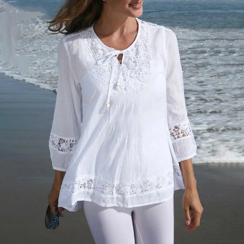 T Shirt Women Spring Autumn Cotton Linen Splicing Lace Temperament 3/4 Sleeve Loose Top T-shirt Tshirt women’s Clothing YLY016