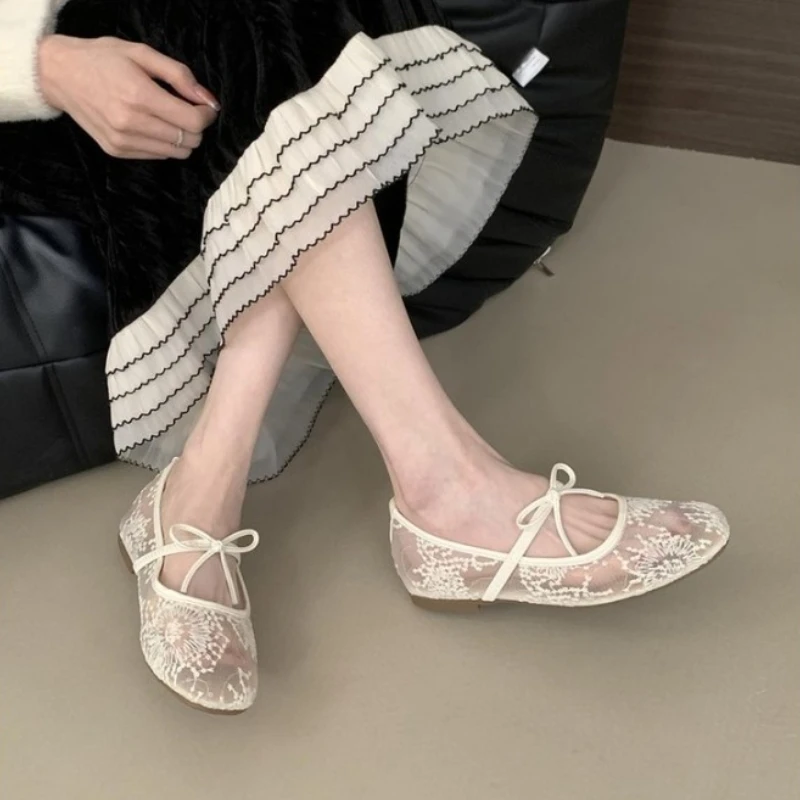 Mesh lace inner heightening women’s shoes summer new sexy square head shallow breathable ballet shoes bow flat shoes