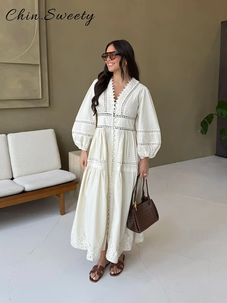 Casual Hollow Out Embroidery Pleated Long Dress Women V-neck Lantern Sleeve Single Breasted Dresses 2025 Summer Lady Chic Robes