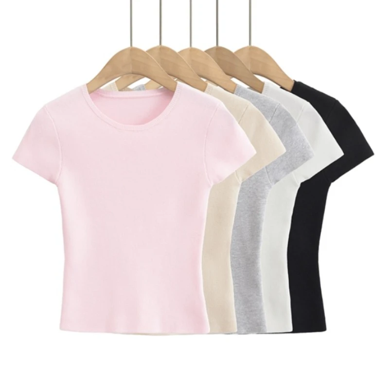 2025 Women’s Short Sleeve Crop Top Solid Slim Fit Crew Neck Tee Basic Skinny Knit Tight Athletic Casual Workout Yoga Tshirt