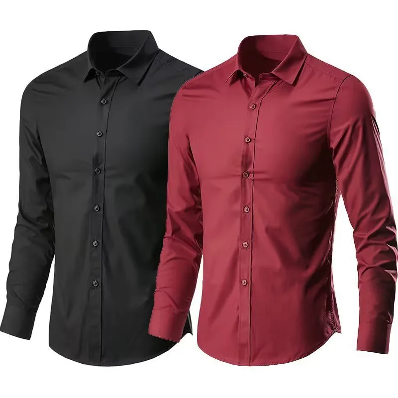 Men’s Elastic Spring And Autumn New long Sleeve Shirt Anti-wrinkle Free ironing Business Comfort Fashion Breathable Slim