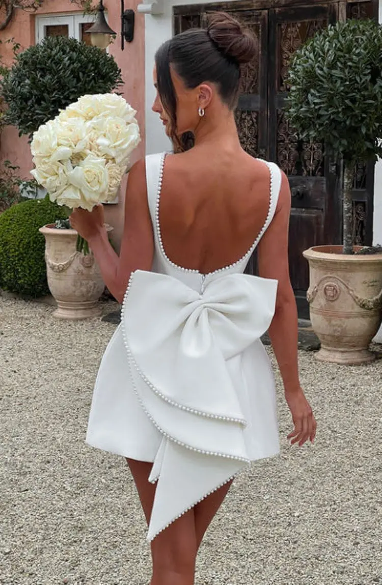 Elegant Pearl Bow Backless Sexy Mini Dress Women’s Luxury Party Short Dresses White Black Pink Birthday Evening Wedding Summer