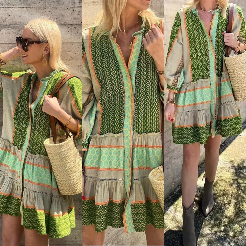 Fashion Printed Turn Down Collar Dress for Women 2024 Spring Summer Single Breasted Dresses Female Long Sleeves Mini Dresses