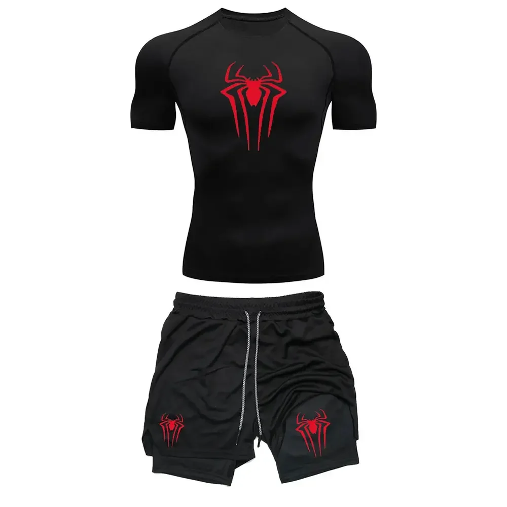 Compression training sportswear men’s set, spider print running fitness T-shirt, breathable running shorts, quick drying exercis