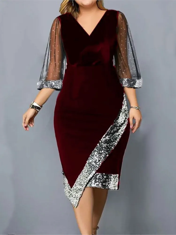 Spring Summer Women’s Clothing New Fashion Gold Velvet Irregular Sequin See Through Mesh Women’s Five Quarter Sleeve Dress